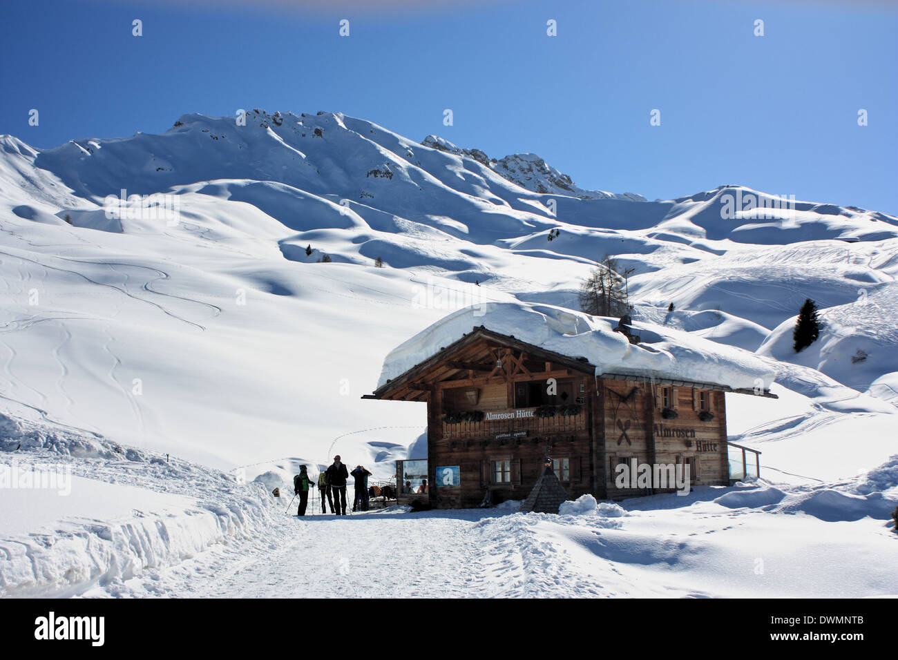 Restaurant Almrosen Hütte, Seiser Alm / Alpe di Siusi, Südtirol / Alto Adige, Italien Stockfoto