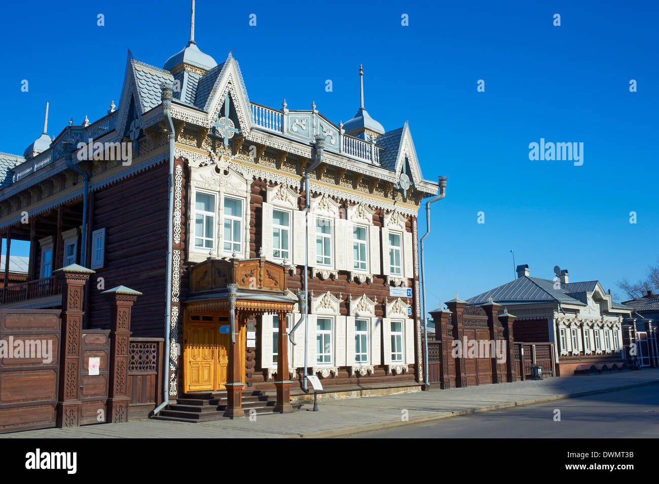 Holzarchitektur, The House of Europe, Irkutsk, Sibirien, Russland, Eurasien Stockfoto