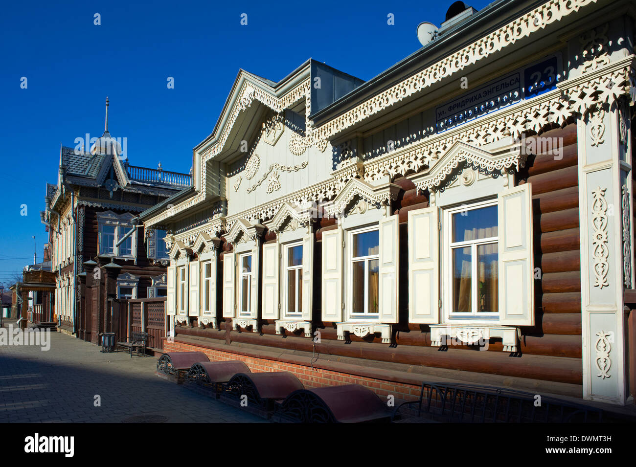 Holzarchitektur, The House of Europe, Irkutsk, Sibirien, Russland, Eurasien Stockfoto