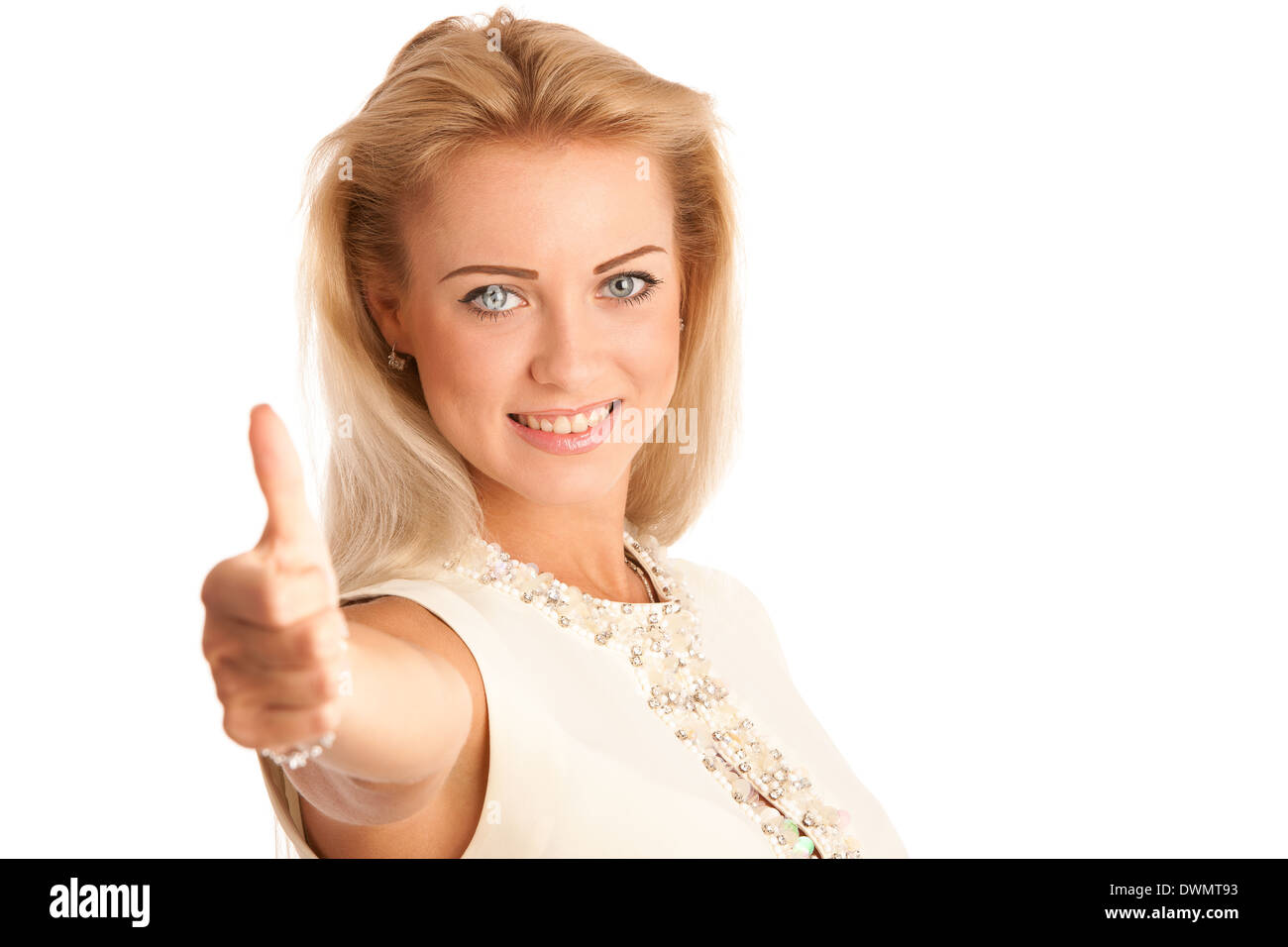 Erfolg - schöne junge Frau auftauchend thump isoliert auf weißem Hintergrund Stockfoto