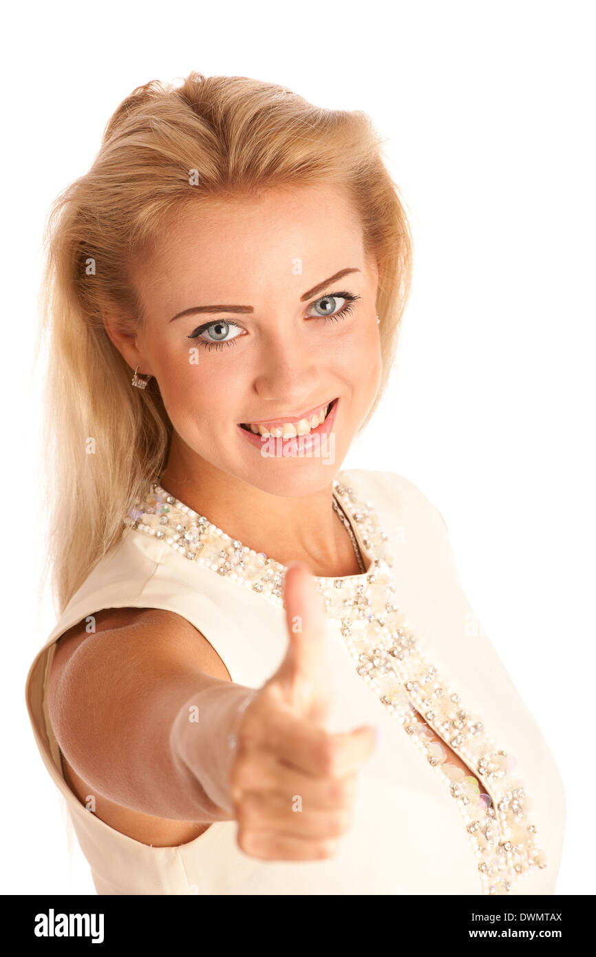 Erfolg - schöne junge Frau auftauchend thump isoliert auf weißem Hintergrund Stockfoto
