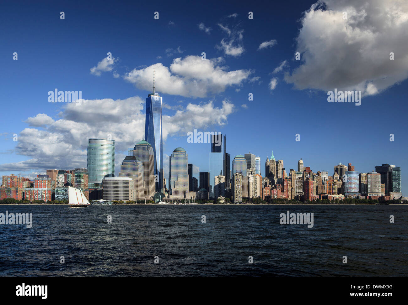 Skyline von Manhattan Finanzviertel von Jersey City, New York, Vereinigte Staaten von Amerika, Nord-Amerika aus gesehen Stockfoto