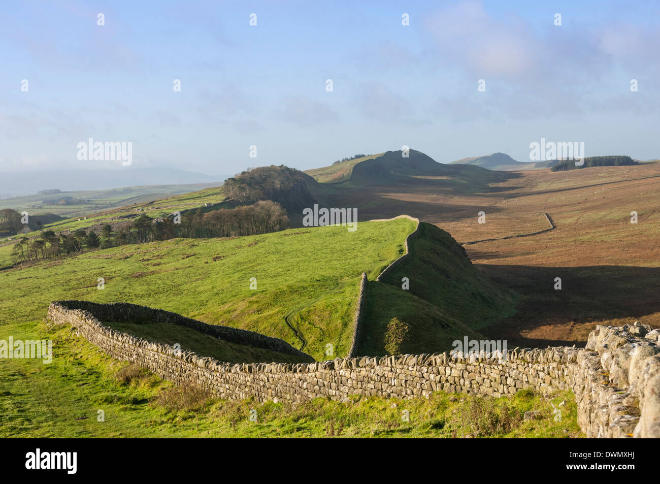 Ansicht West von Kings Hill nach Housesteads Felsen und Cuddy die Klippen, Hadrian Wall, UNESCO Website, Northumbria, England, UK Stockfoto