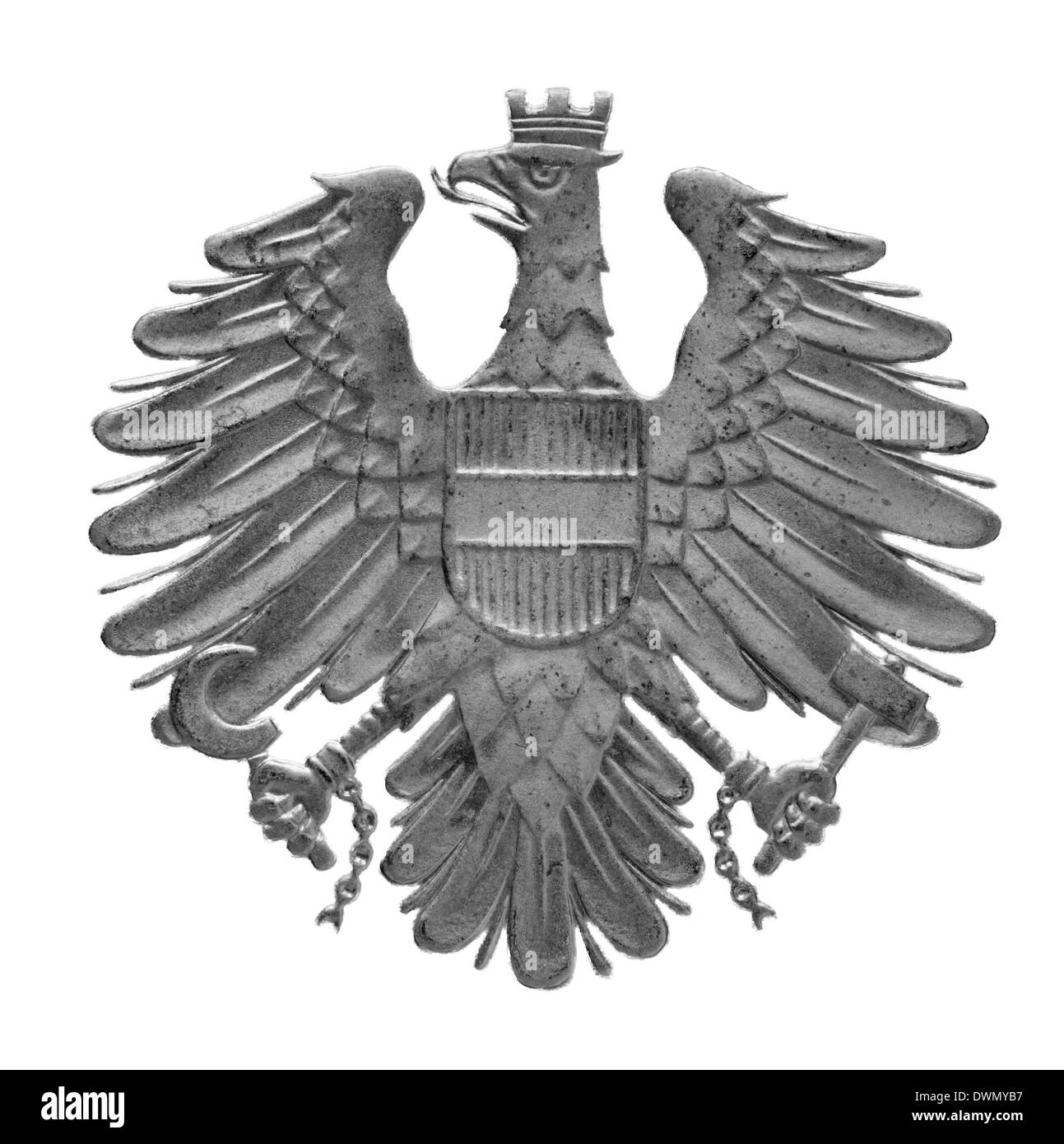 Adler, Wappen von 10 Schilling-Münze, Österreich, 1975, auf weißem Hintergrund Stockfoto
