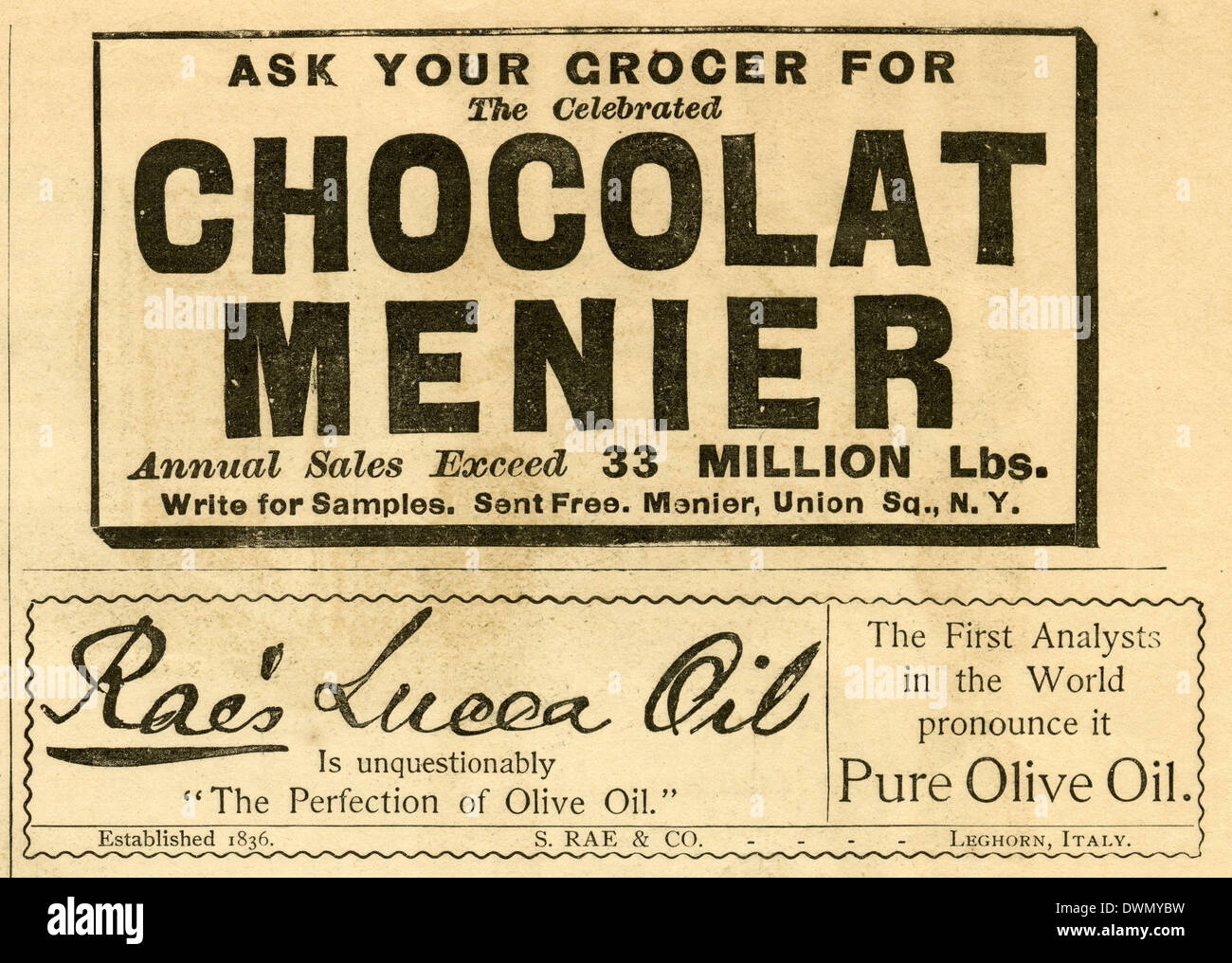 1892-Werbung, Chocolat Menier und Raes Lucca Öl reines Olivenöl aus Livorno, Italien. Stockfoto