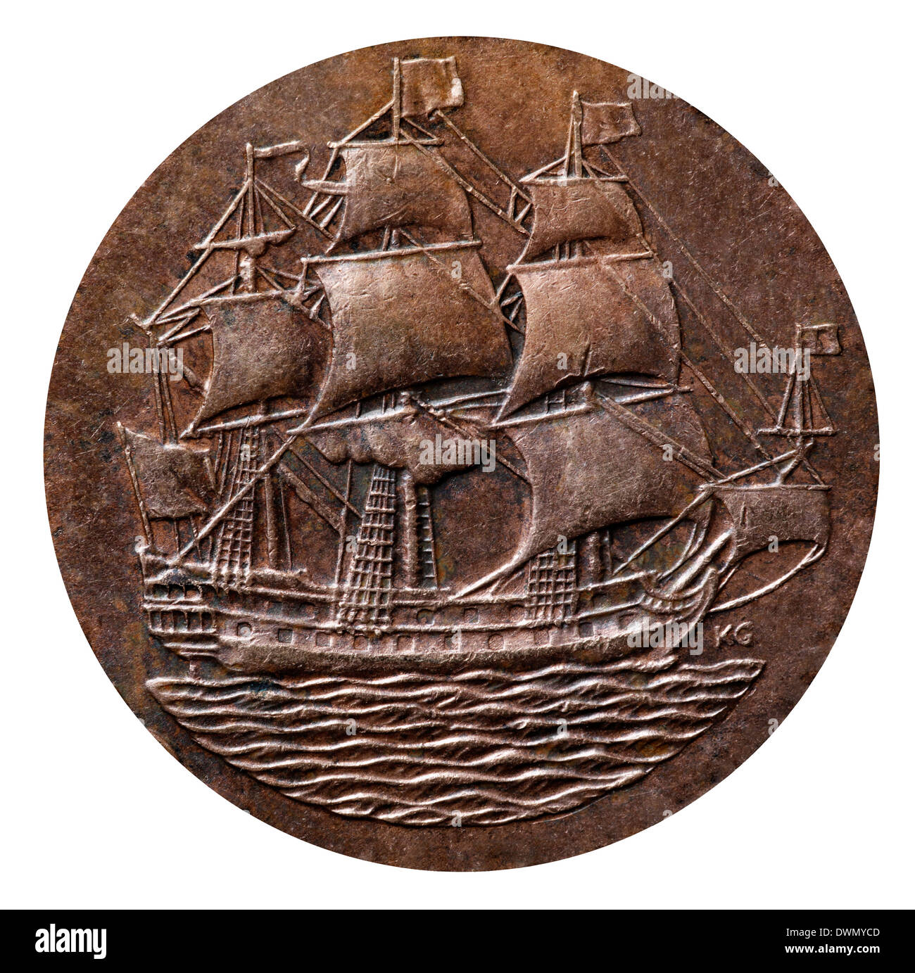 Segelschiff (Dromedaris) von 1 Cent Münze, Südafrika, 1958, auf weißem Hintergrund Stockfoto