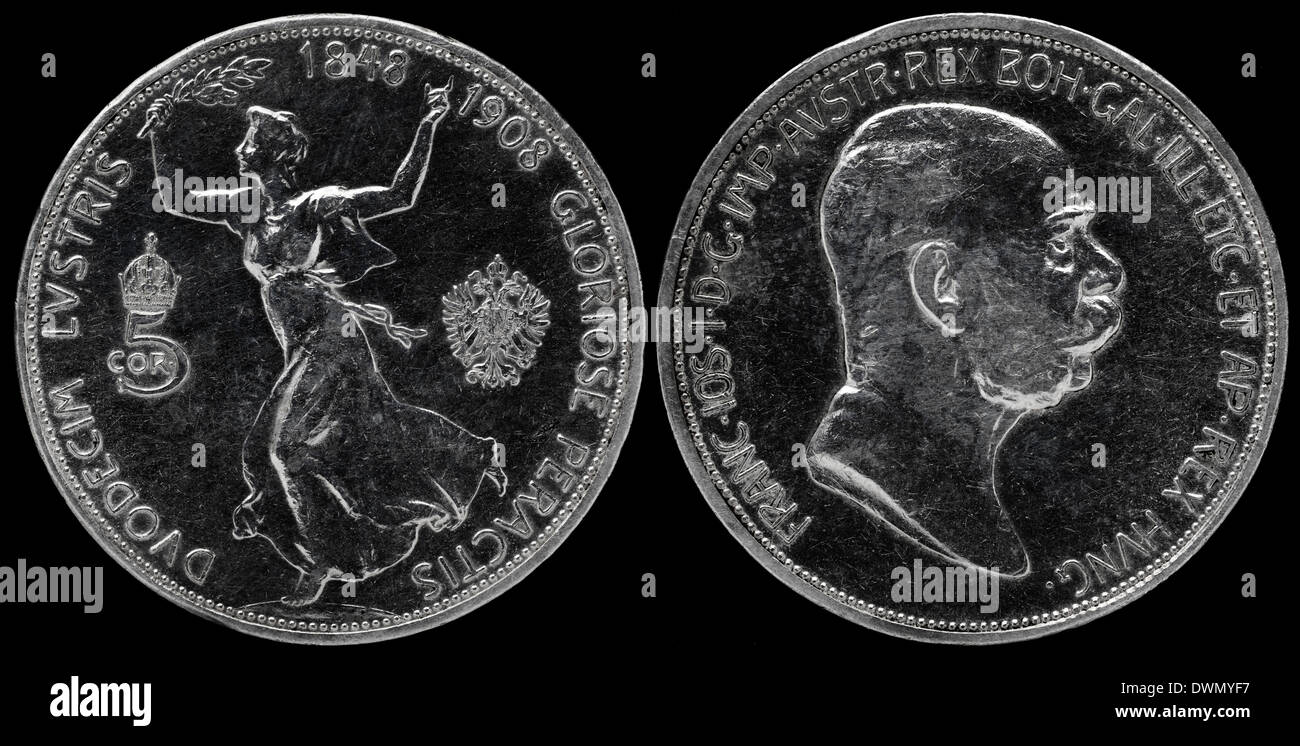 5 Corona Silber Münze, Österreich, 1908 Stockfoto