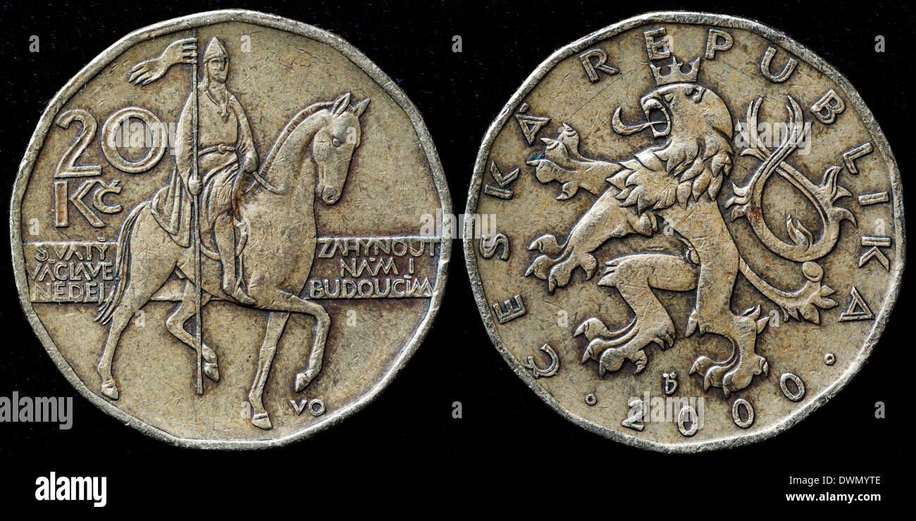 20 Korun Münzen, St. Wenzel auf Pferd, Tschechische Republik, 2000 Stockfoto