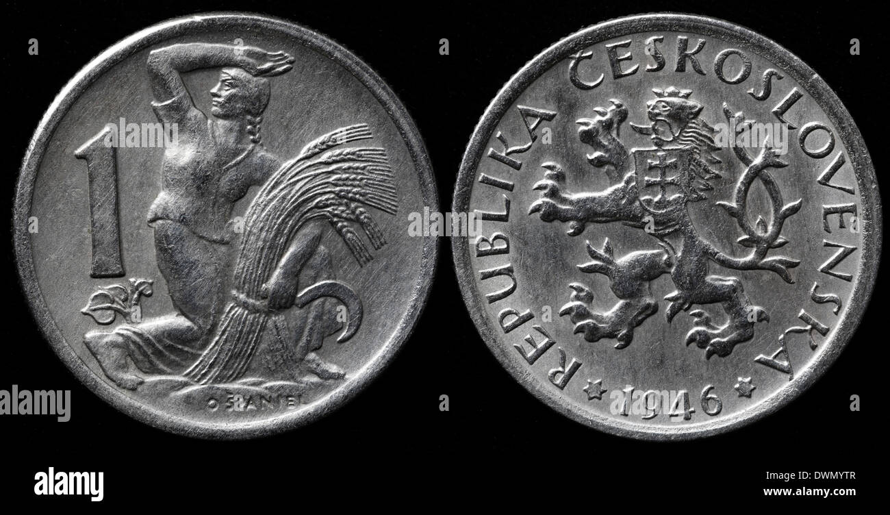1 Krone-Münze, Tschechoslowakei, 1946 Stockfoto
