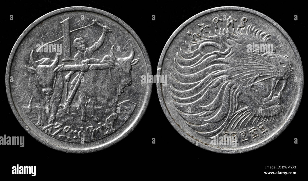 1 Santeem Münze, Löwenkopf, Bauer mit Stieren, Äthiopien, 1977 Stockfoto