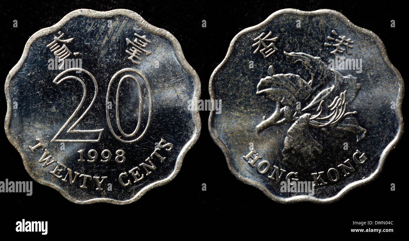 20 Cent Münze, Bauhinia Blume, Hong Kong, 1998 Stockfoto