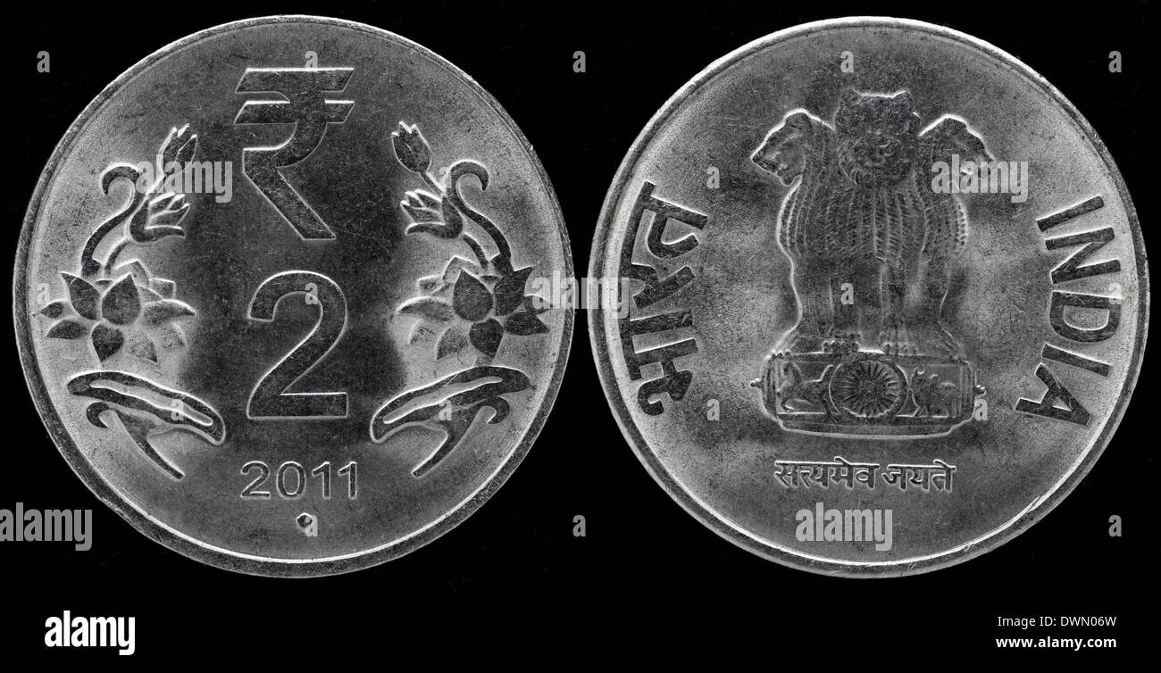 2 Rupien Münzen, Indien, 2011 Stockfoto