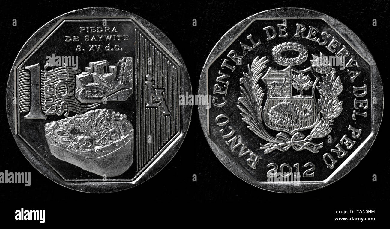 1 Nuevo Sol-Münze, Piedra de Saywite, Peru, 2012 Stockfoto