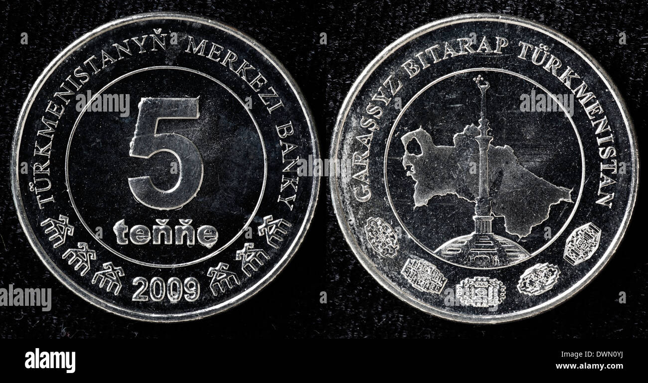 5 Tenge-Münze, Turkmenistan, 2009 Stockfoto