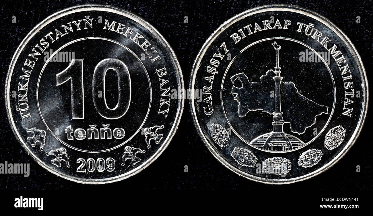 10 Tenge-Münze, Turkmenistan, 2009 Stockfoto