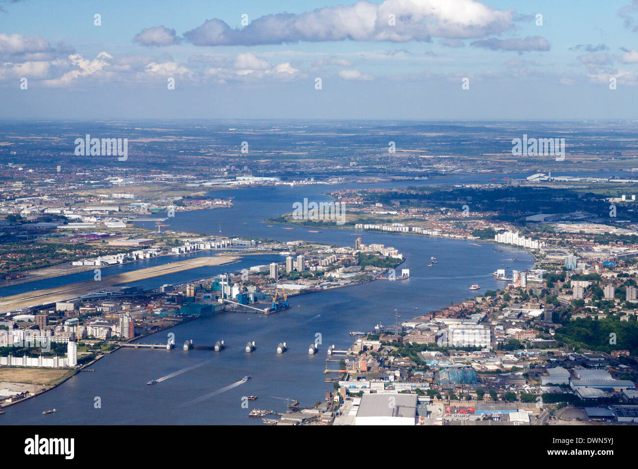 Luftaufnahme der Thames Barrier, Themse, London, England, Vereinigtes Königreich, Europa Stockfoto