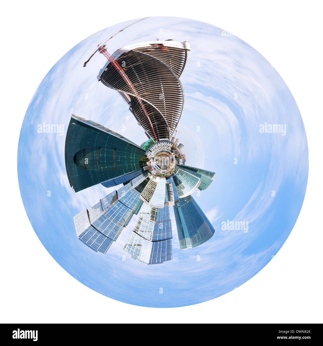 kleine Planeten - sphärischen Panorama Moskau Stadt Gebäude isoliert auf weißem Hintergrund Stockfoto