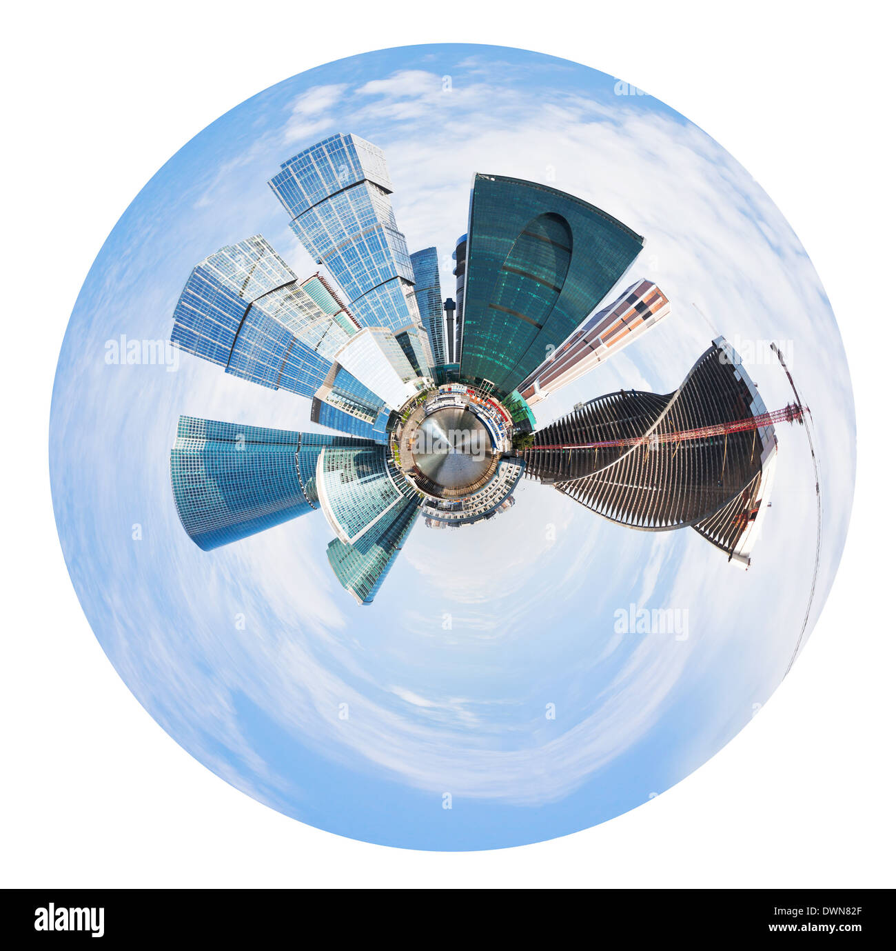 kleine Planeten - sphärischen Panorama der Stadt Moskau erhebt sich isolierten auf weißen Hintergrund Stockfoto