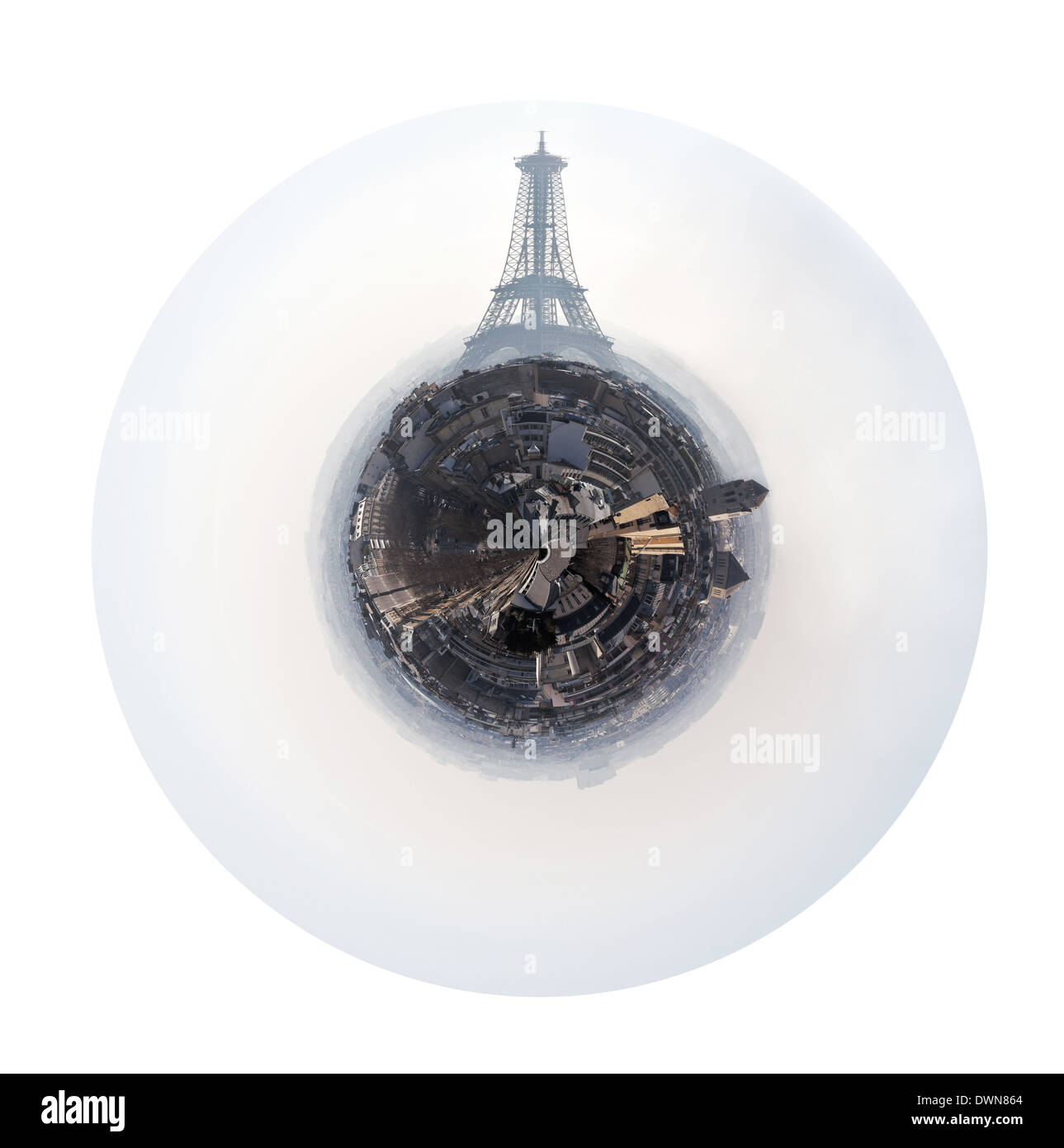 kleine Planeten - isoliert auf weißem Hintergrund sphärische Stadtblick von Alleen D Iena und Eiffel-Turm in Paris Stockfoto