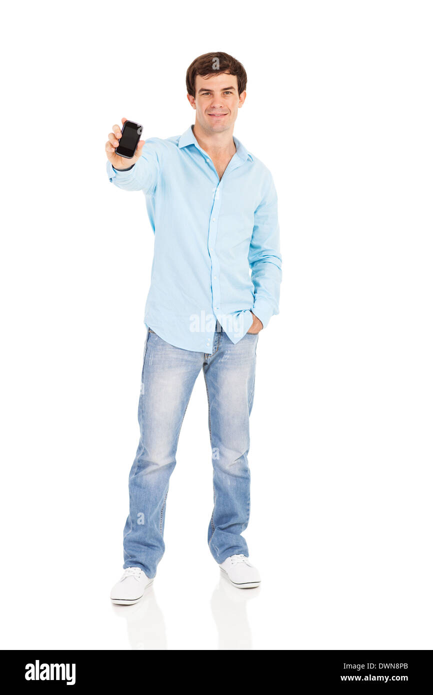gut aussehender Mann mit seinem Handy auf weißem Hintergrund Stockfoto