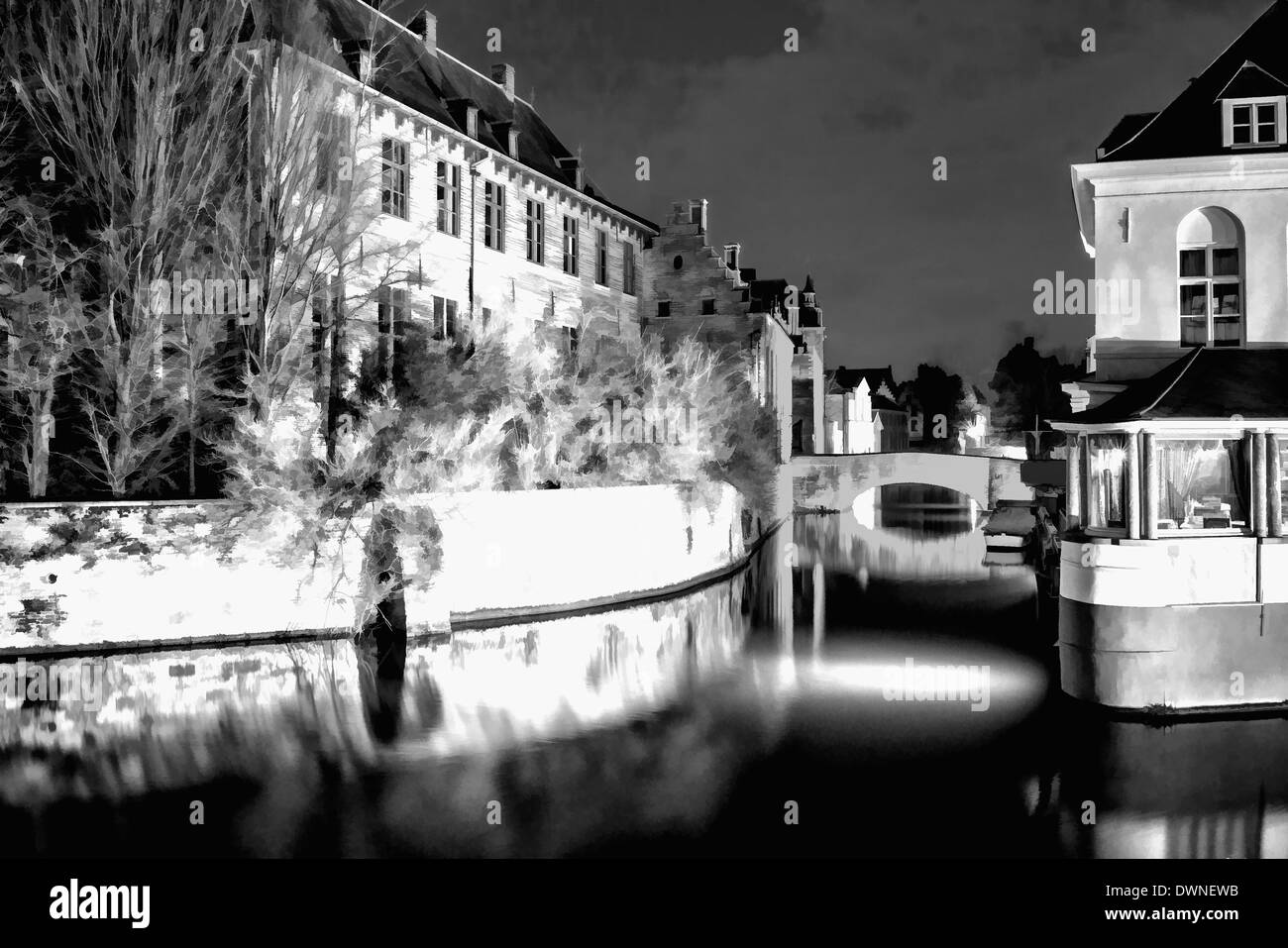 Kanal in der Nacht, historischen Zentrum von Brügge, Belgien, UNESCO-Weltkulturerbe Stockfoto