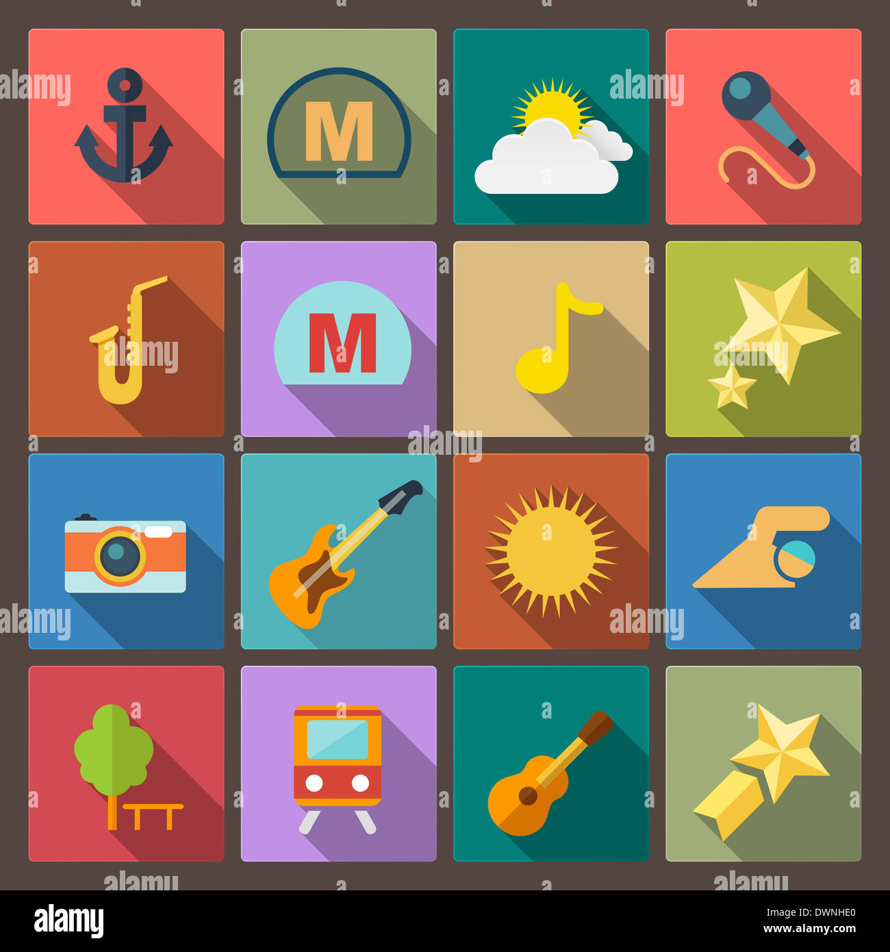 Vektor-set 16 Unterhaltung Symbole im flachen Design-Stil Stockfoto