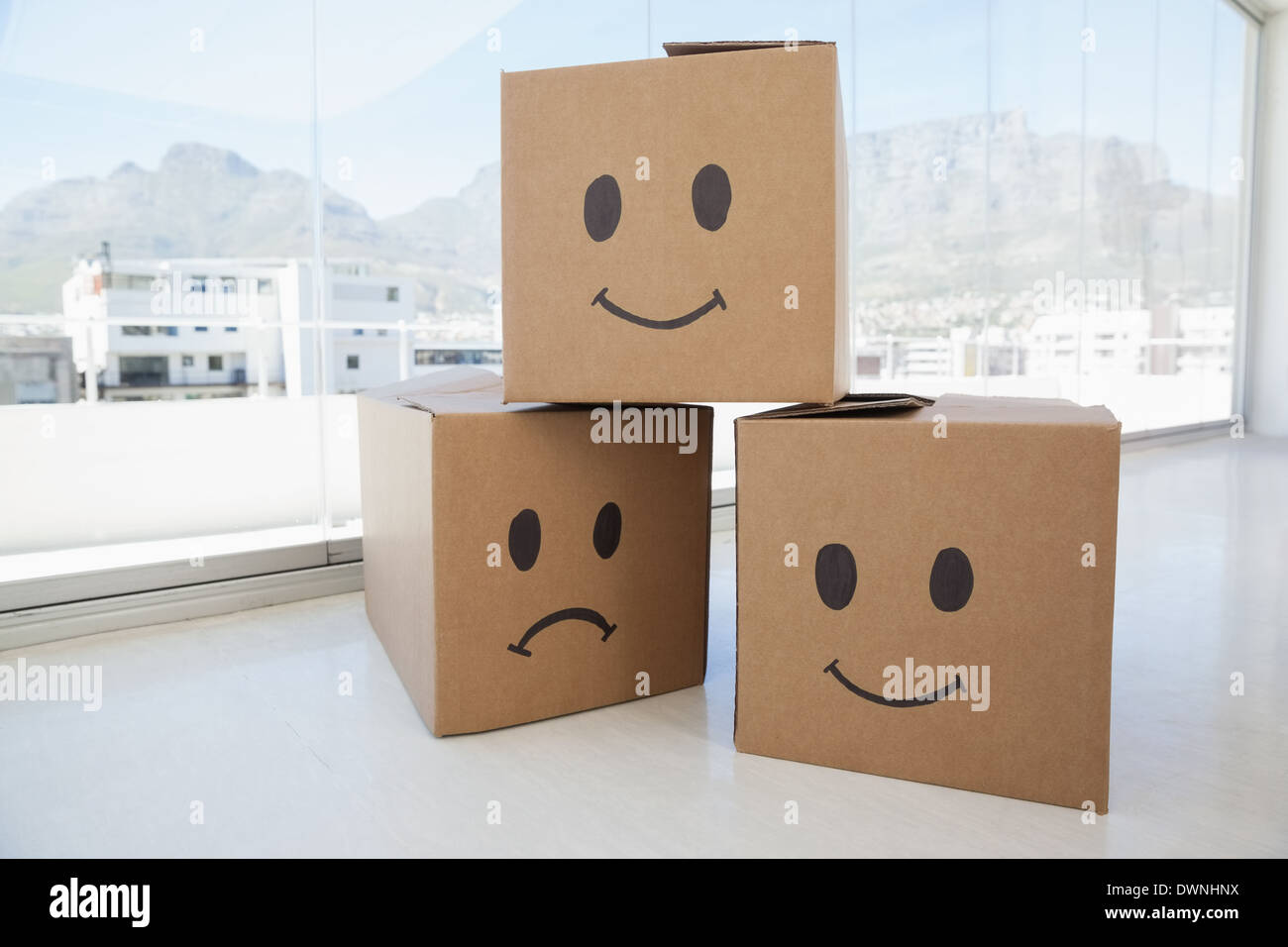 Drei Kartons mit Smiley Zeichen gegen Fenster Stockfoto