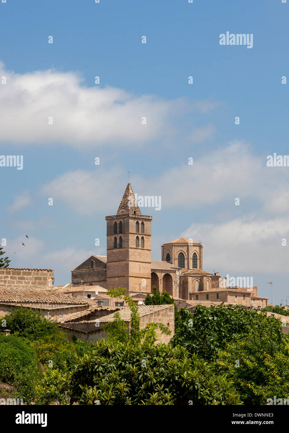 Blick auf die Stadt mit der Kirche Nuestra Senyora de Los Angeles, Sineu, Mallorca, Balearen, Spanien Stockfoto