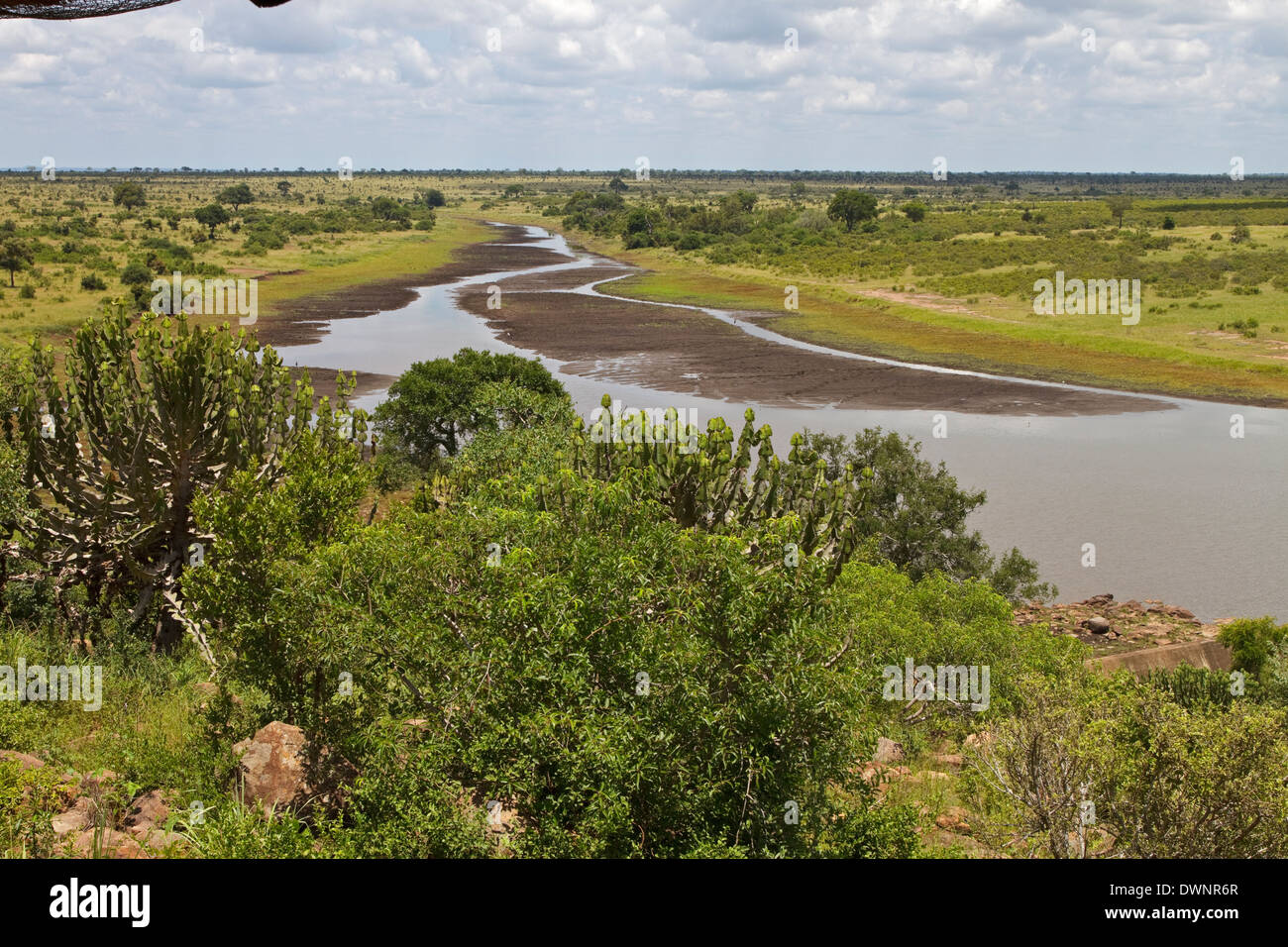 Blick von der Ausflugsort der Mlondozi Damm über die offene Savanne vom N'wagovilla-Hügel in der Nähe von niedrigeren Sabie, Krüger-Nationalpark Stockfoto