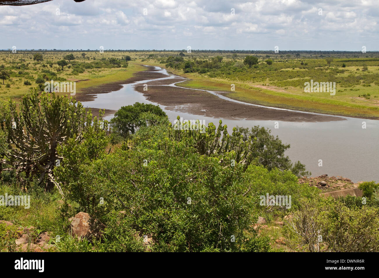 Blick von der Ausflugsort der Mlondozi Damm über die offene Savanne vom N'wagovilla-Hügel in der Nähe von niedrigeren Sabie, Krüger-Nationalpark Stockfoto