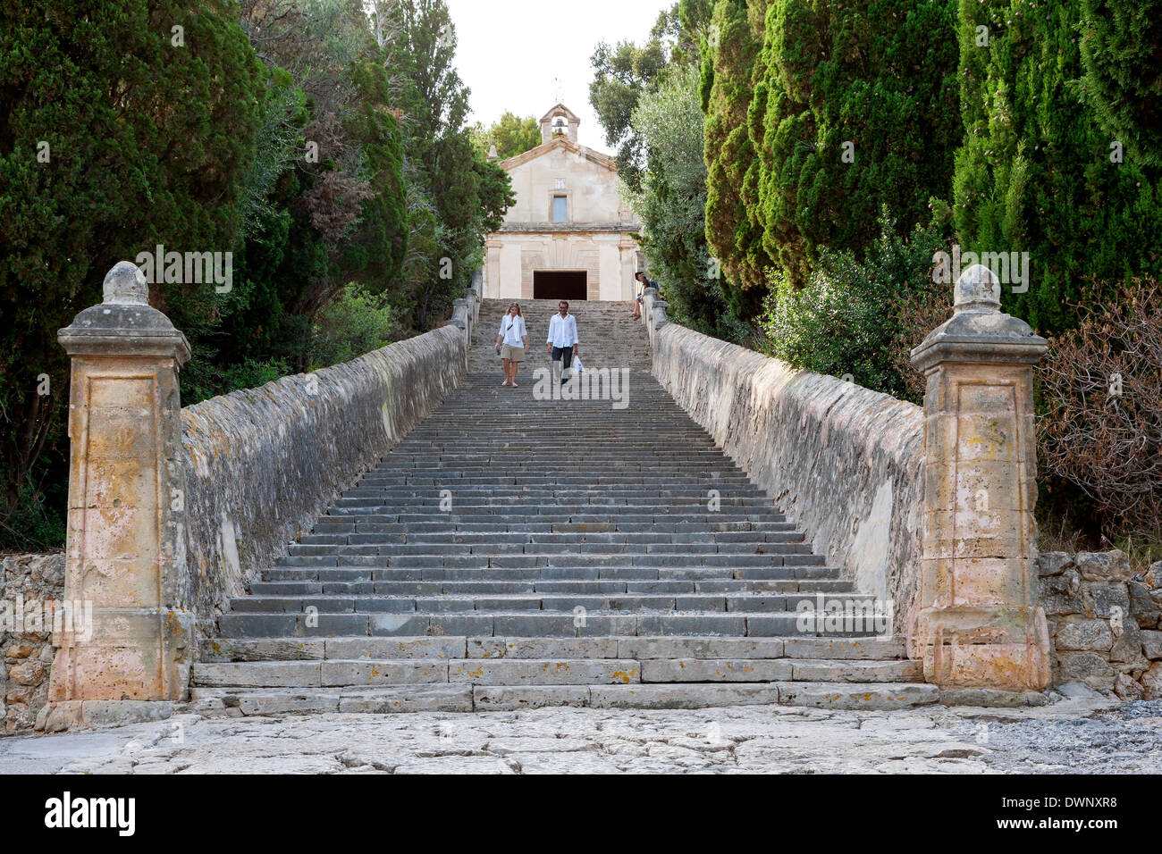 Letzte Treppe der Treppe zum Calvary, Pollença, Mallorca, Balearen, Spanien Stockfoto