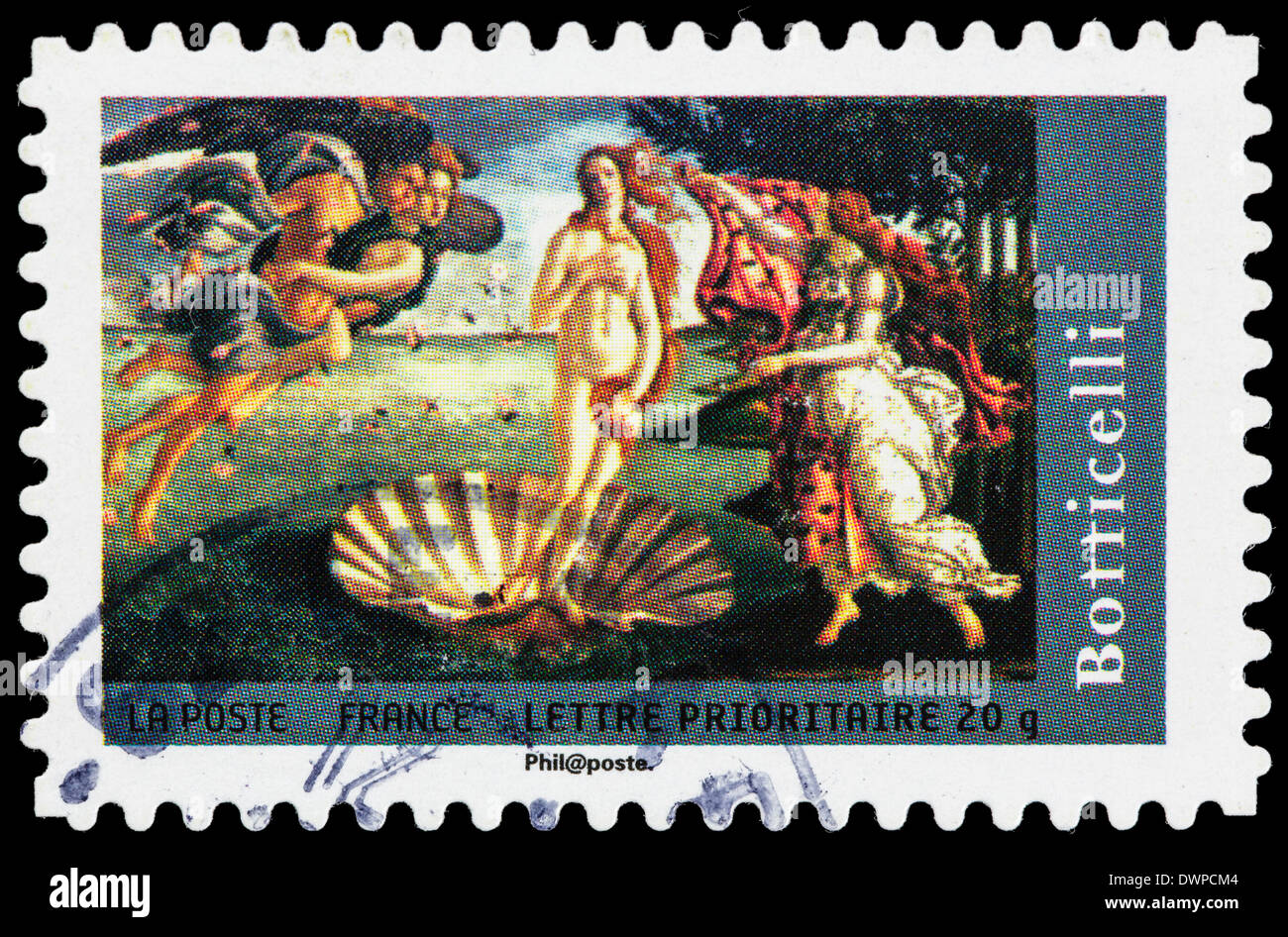Frankreich-Porti-Stempel mit einer Abbildung des Gemäldes die Geburt der Venus von Sandro Botticelli. Stockfoto