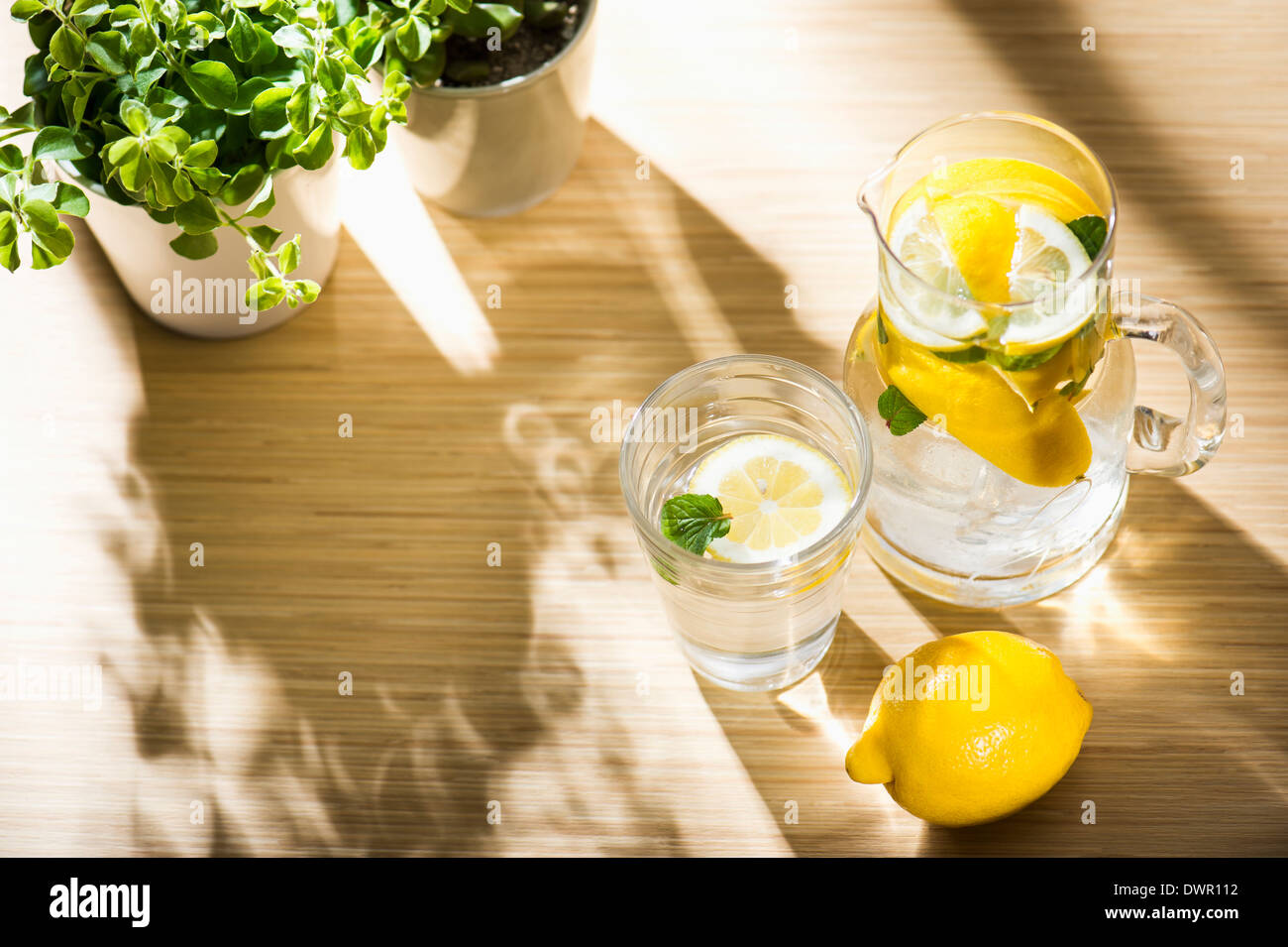 Wassertopf und Wasserglas mit Zitrone innen Stockfoto