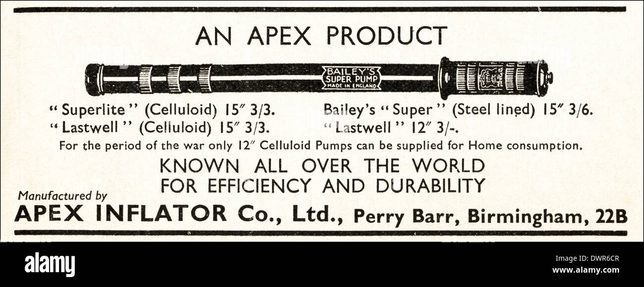 1940er Jahren während des Krieges Anzeige in Zeitschrift für junge Frauen ca. 1944 Werbung APEX Luftpumpe Fahrrad Pumpe Stockfoto