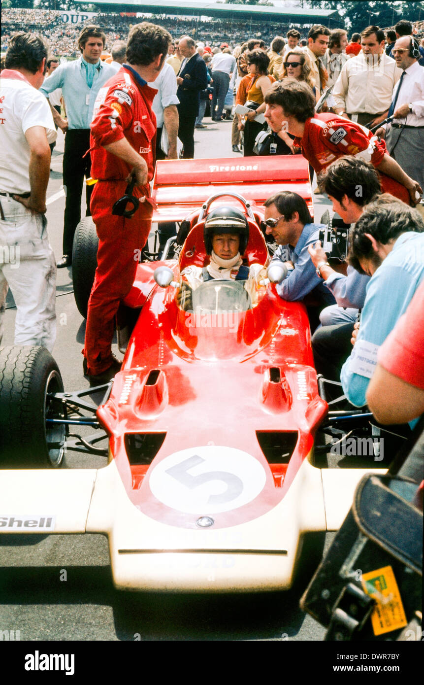 Jochen Rindt in seinem Lotus 72 vor den britischen Grand Prix. Stockfoto