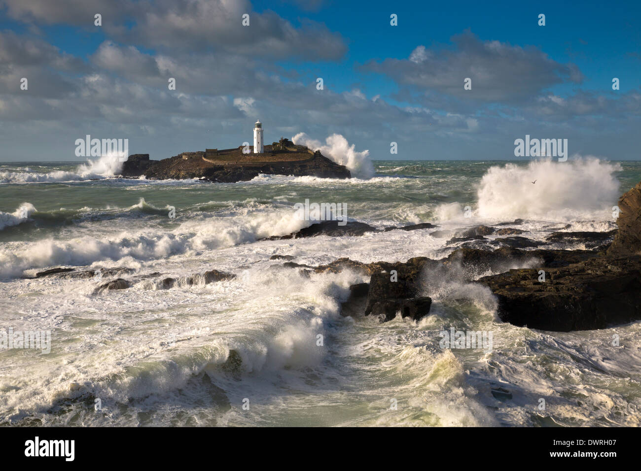 Godrevy; Leuchtturm; Sturm; Cornwall; UK Stockfoto