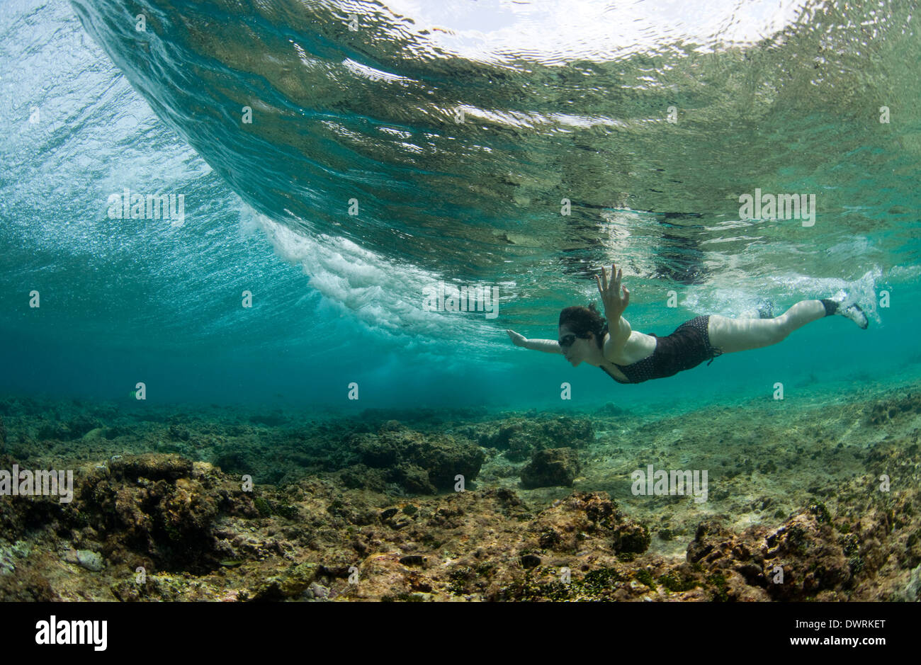 Schwimmerin taucht auf den Malediven unter einer brechenden Welle Stockfoto