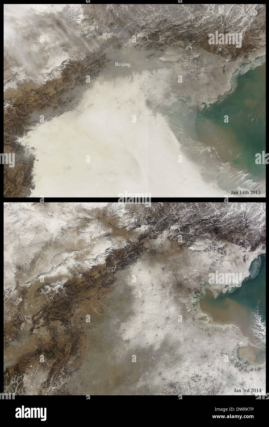 Smog und Luftverschmutzung in China im Großraum Beijing wie vom Weltraum aus gesehen. Stockfoto