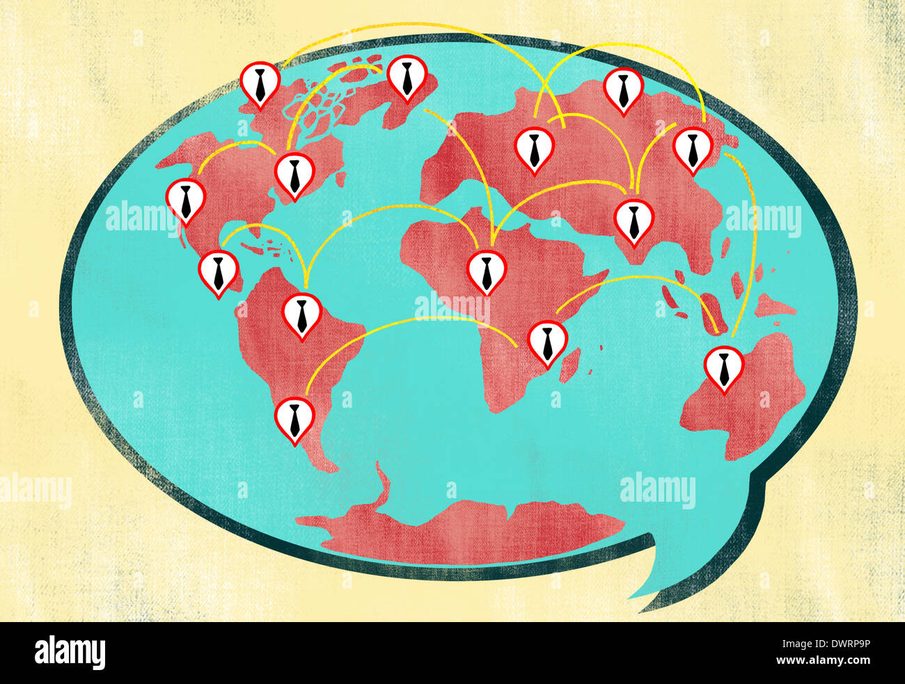 Darstellung der Verbindungen auf Weltkarte in Sprechblase für Business-networking Stockfoto