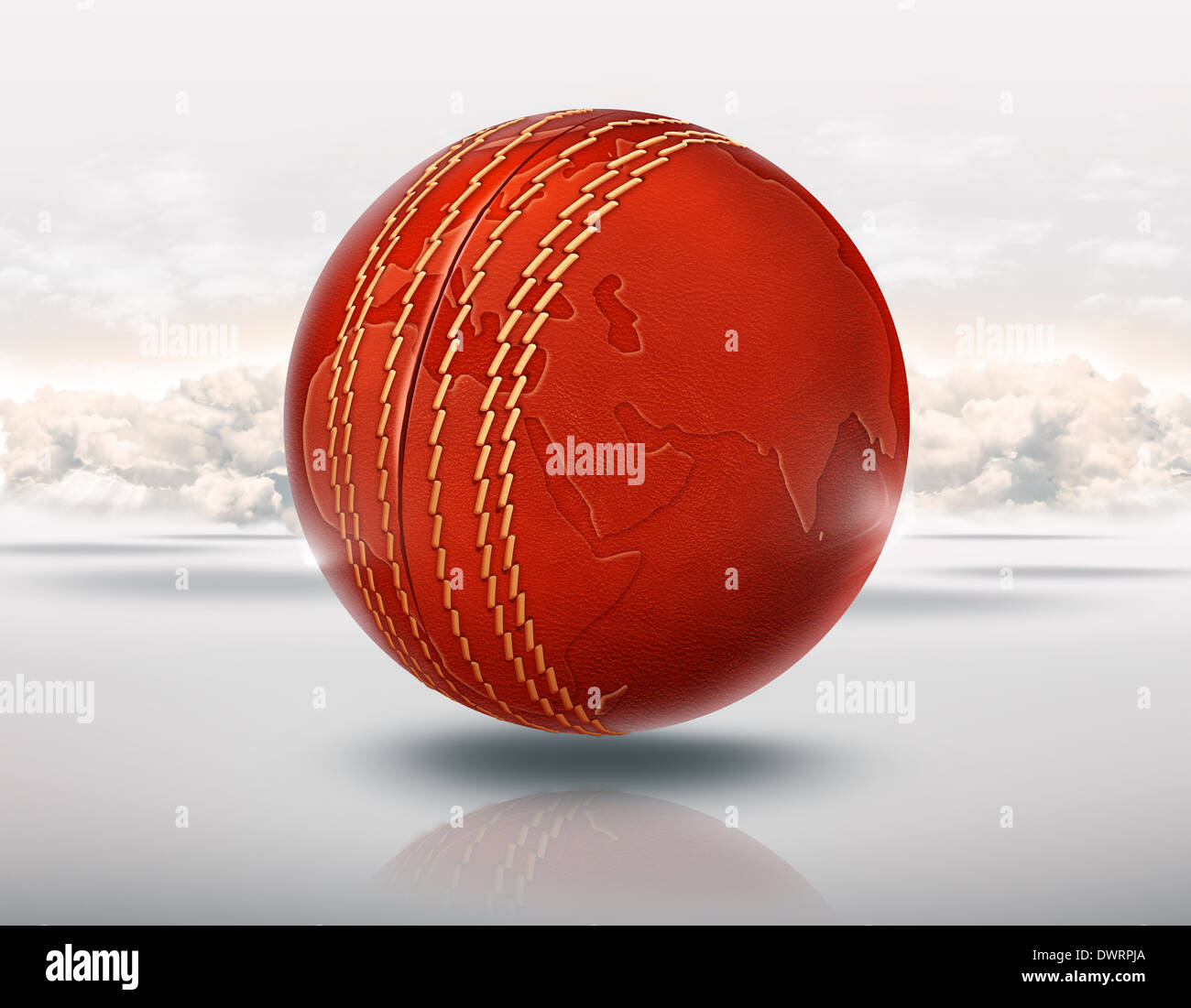 Anschauliches Bild der Cricketball mit Globus WM vertreten Stockfoto