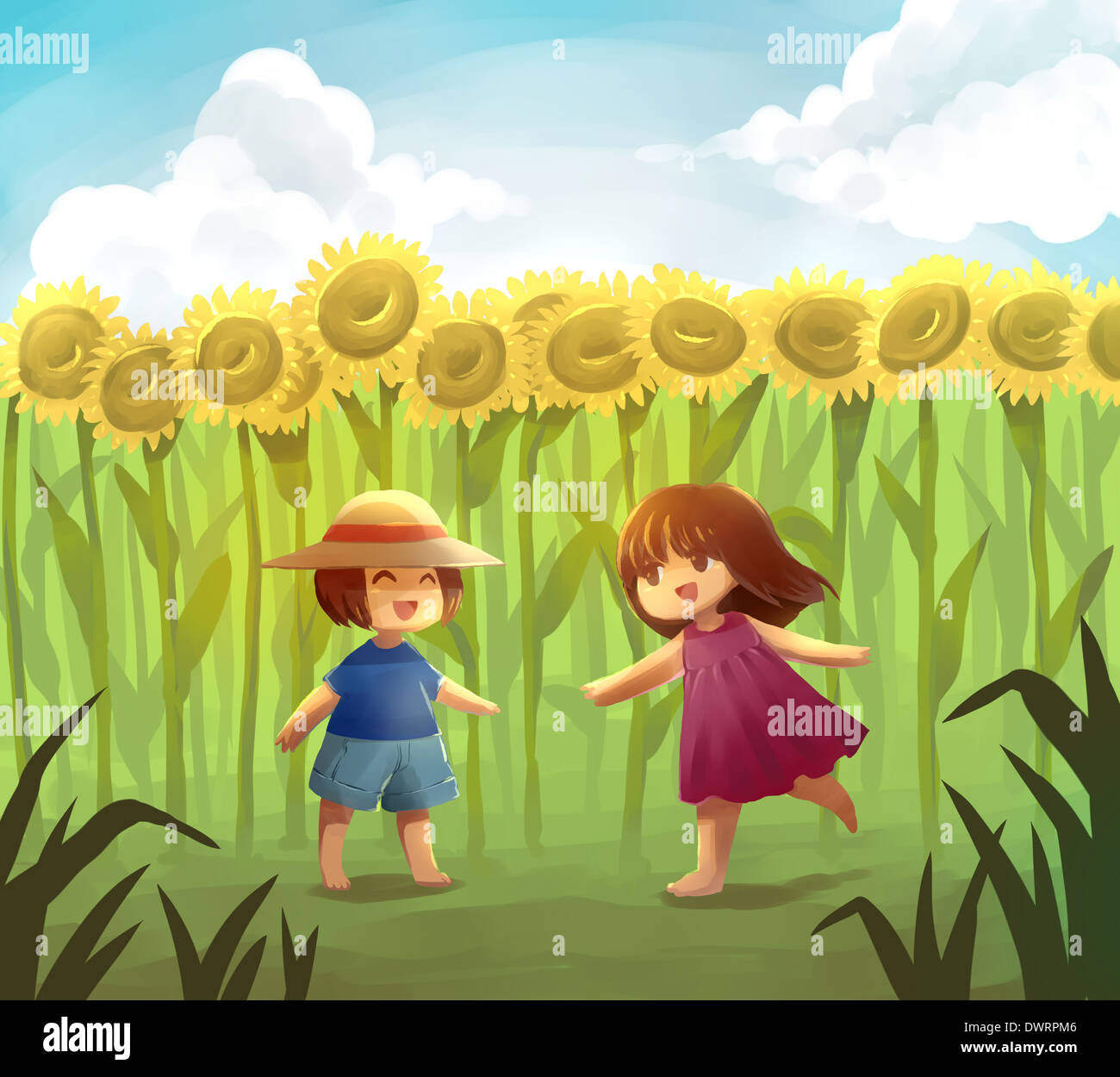 Anschauliches Bild von Freunden im Sonnenblumenfeld aus Spaß spielen Stockfoto