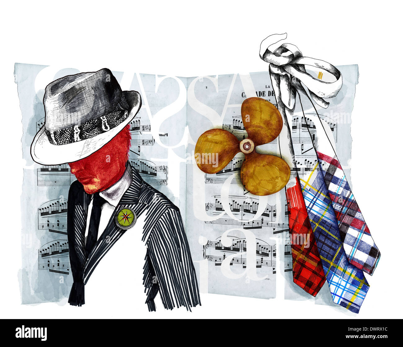 Abbildung des Musikers mit Musiknote und Krawatten auf weißem Hintergrund Stockfoto