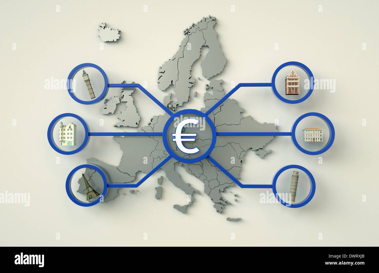 Europäische Attraktion auf einer Karte mit Euro-Währung Stockfoto