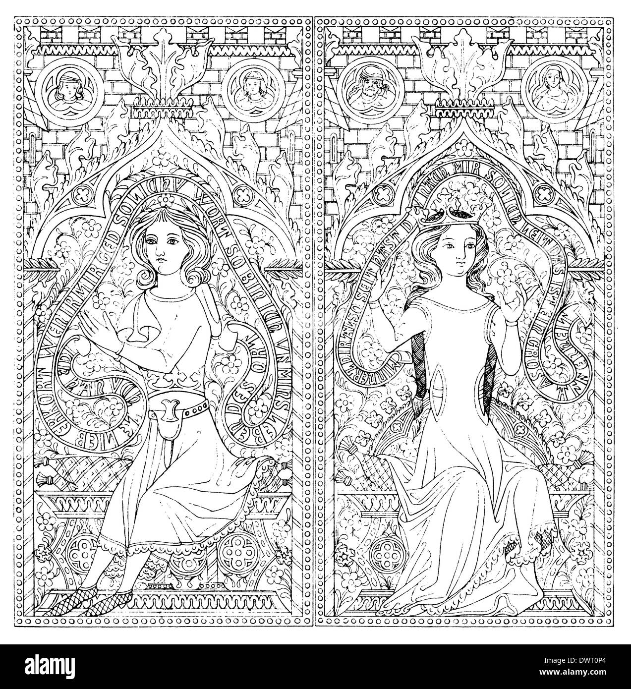 Ornamente auf einem Brautschmuck-Box des 14. Jh. Stockfoto