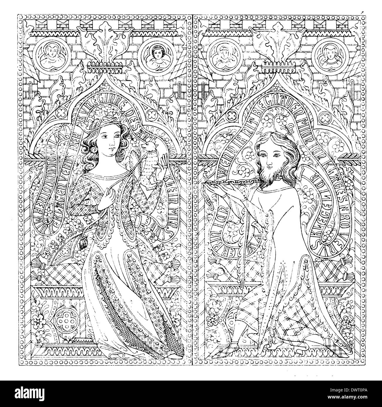 Ornamente auf einem Brautschmuck-Box des 14. Jh. Stockfoto