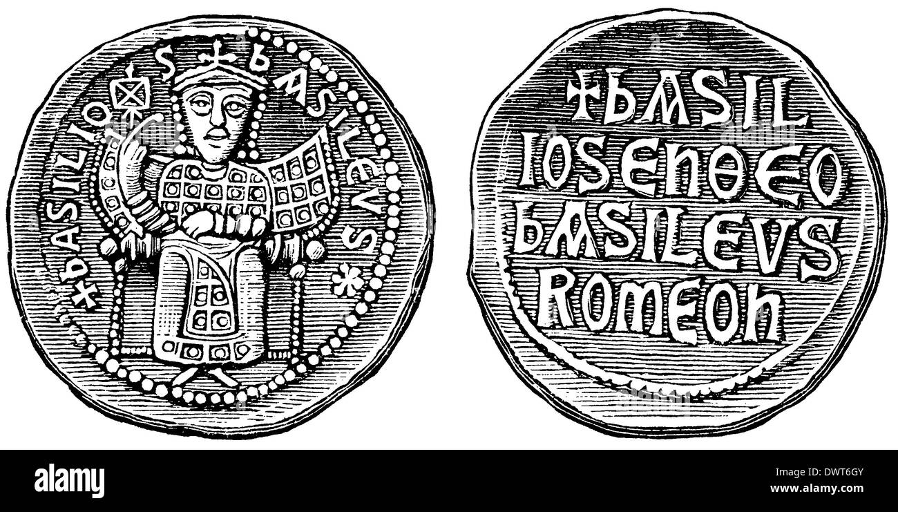 Byzantinische Münzen. Kupfer-Münze (Basilikum ich.) Stockfoto