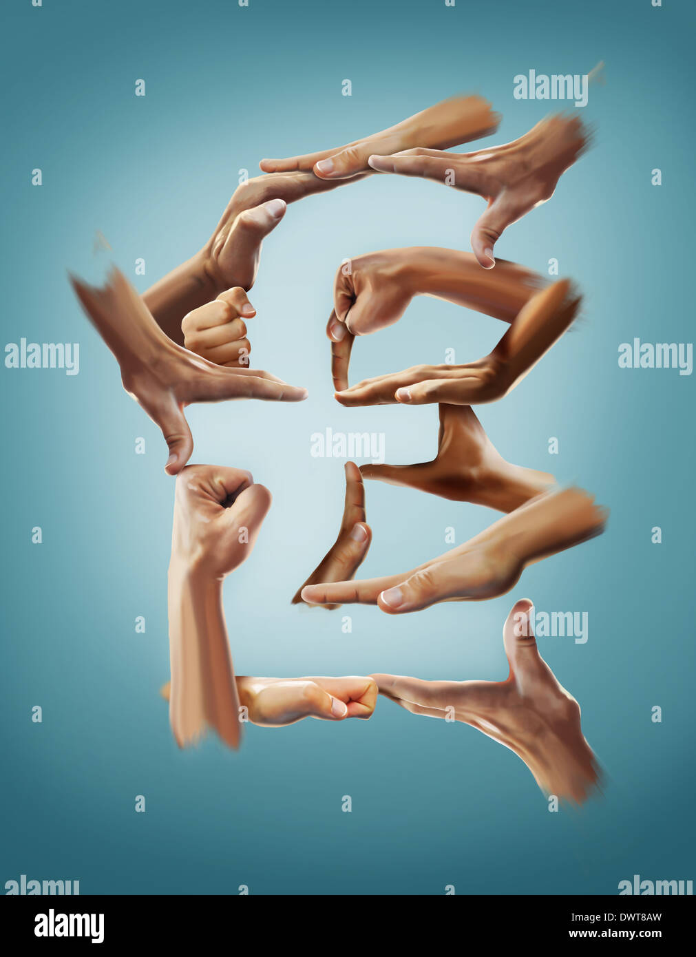 Anschauliches Bild Hände bilden Nummernzeichen vor blauem Hintergrund Stockfoto
