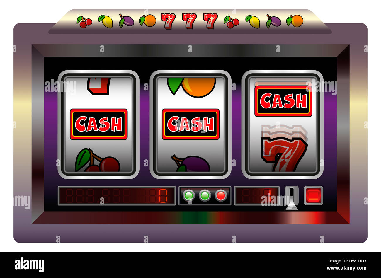 Beispiel für ein Spielautomat mit drei Walzen, Spielautomaten Symbole und der Schriftzug CASH. Stockfoto
