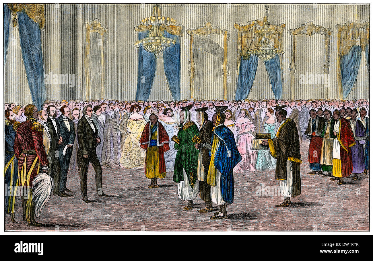 Ersten japanischen diplomatischen Mission, die uns empfangen von Präsident Buchanan, 1860. Hand - farbige Holzschnitt Stockfoto