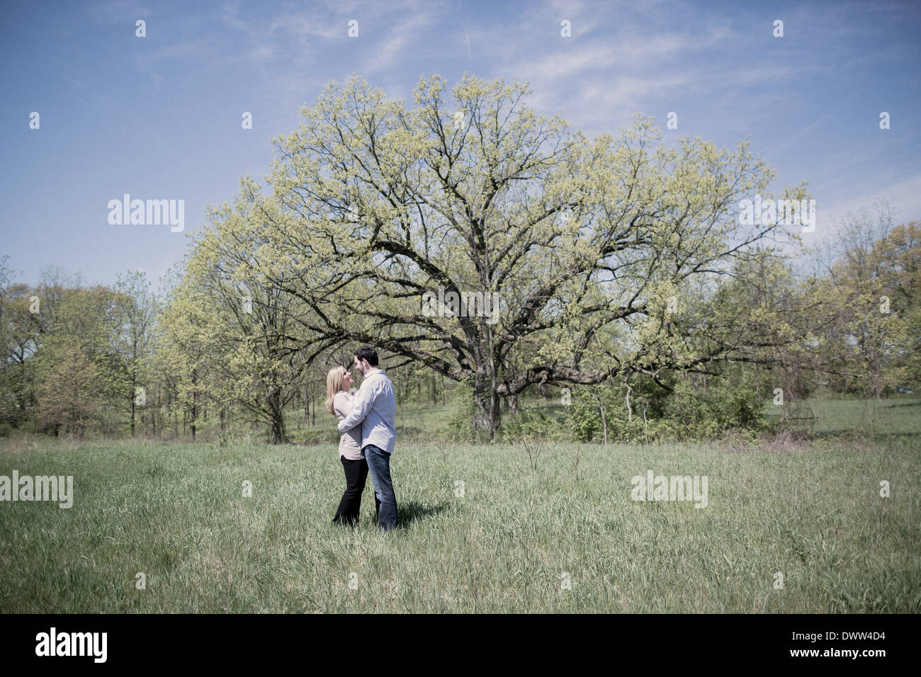 Mann und Frau zusammen im Obstgarten Stockfoto